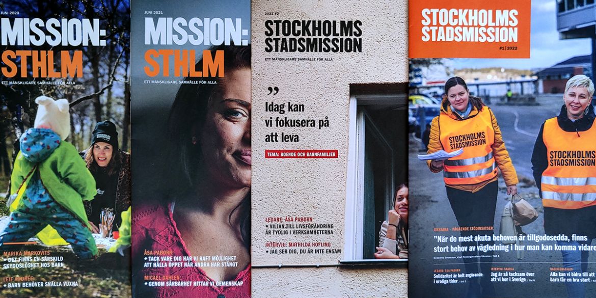 Framsidor på Stockholms Stadsmissions tidningar. Foto: Anna Z Ek
