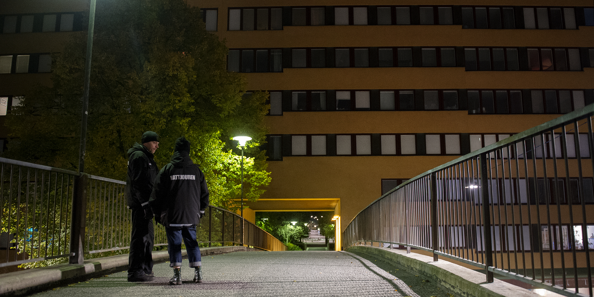 Nattjouren samtalar på en bro i Stockholm