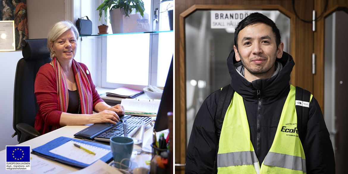 Undersköterskan Liaqat och hans arbetsgivare Care Allomsorg. Kvinna sitter vid skrivbord och ung man står och tittar in i kameran.