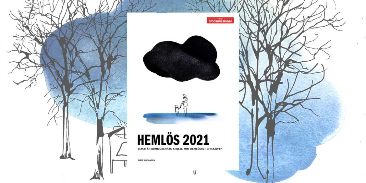 Omslag till rapporten Hemlös 2021. Illustration: Stina Wirsén. 