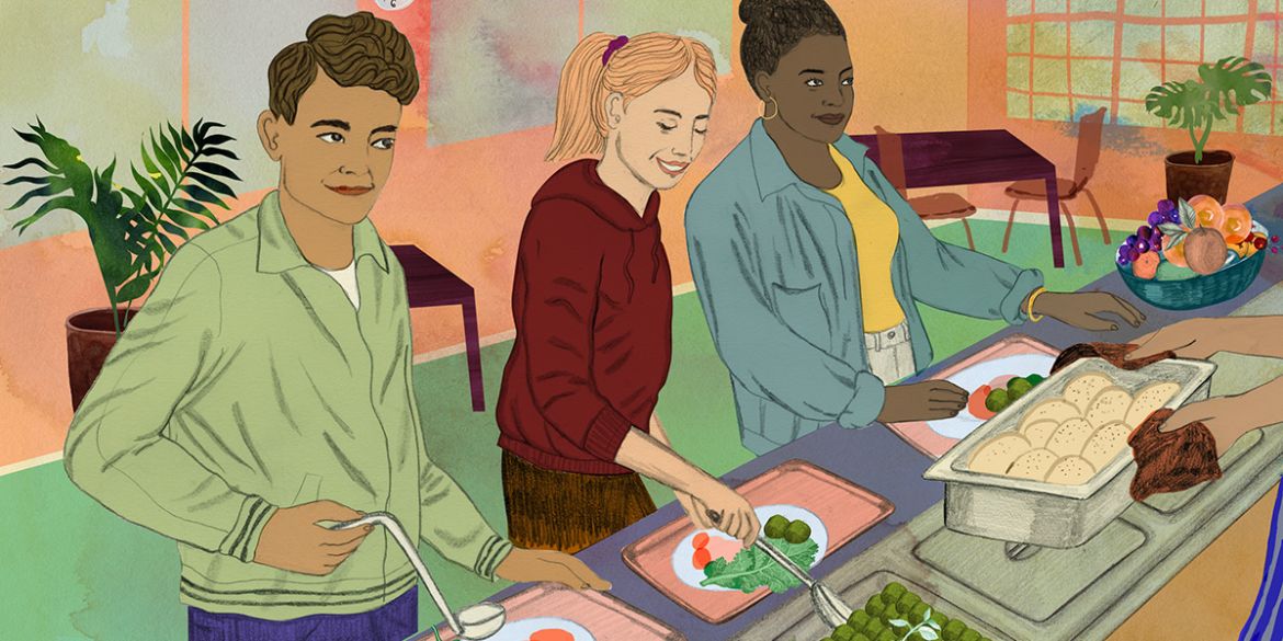 Illustration av elever som tar mat i en skolmatsal. Illustration av elever som tar mat i en skolmatsal.