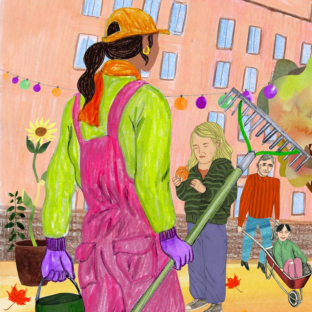 Illustration av Stockholms Stadsmissions hyreshus i Farsta Strand.