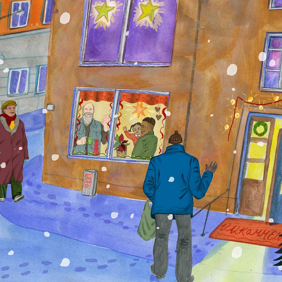 Illustration av ett kvarter där grannar hälsar på varandra framför husen.