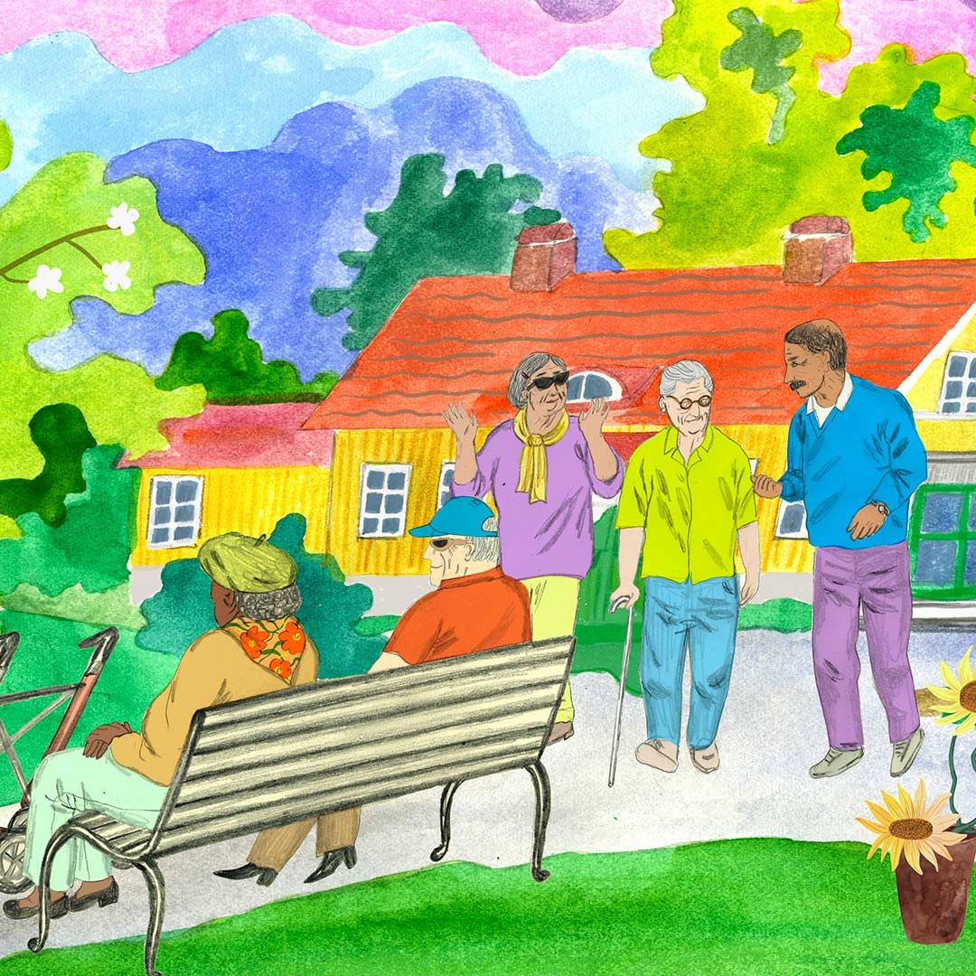 Illustration av seniorkollot på Stockholms Stadsmissions mötesplats Stenfasta.