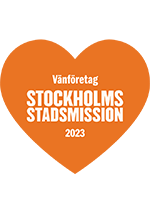 Ett orange hjärta med texten vänföretag Stockholms Stadsmission 2023