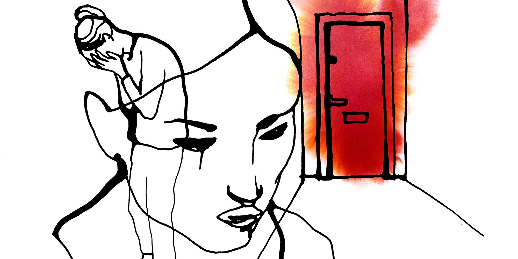 Hemlös 2023 - illustration av Stina Wirsén där en en kvinna står utanför en dörr. Omslag till hemlöshetsrapporten 2023. Illustration av Stina Wirsén där en en kvinna står utanför en dörr.