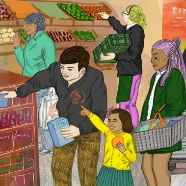 Illustration av kunder och medarbetare i en Matmissionenbutik.