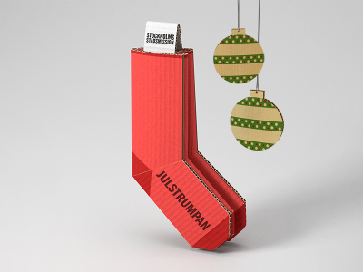 Röd julstrumpa och julgranskulor