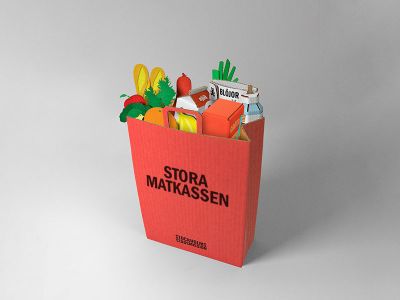Matkasse i kartong med matvaror.