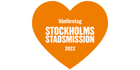 Orange hjärta med Stockholms Stadsmissions logotype och årtal 2022
