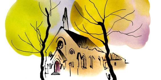 En illustration gjord av Stina Wirsén av Stockholms Stadsmissions mötesplats vid Mariatorget.