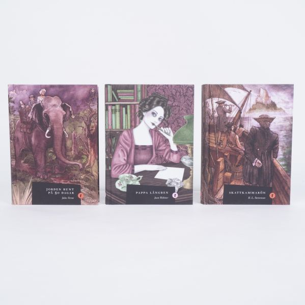 Tre illustrerade klassiker: Jorden runt på 80 dagar, Pappa Långben och Skattkammarön stående framifrån