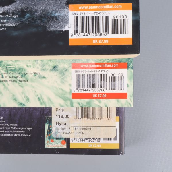 Närbild på ISBN-streckkoder och prislappar på tre böcker