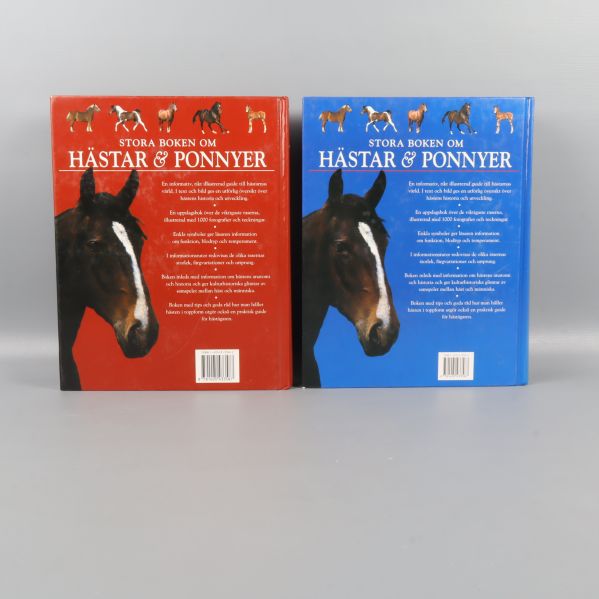 Baksidor på båda böcker med hästmotiv och beskrivande text