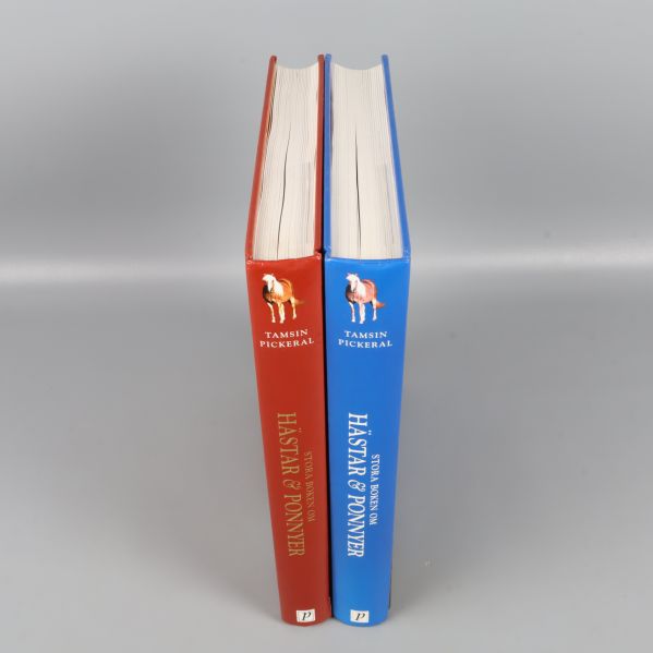 Övre vy av bokryggarna, visar deras tjocklek och omslagsdesign