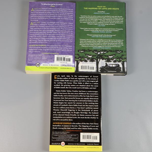 Baksidor och ISBN för tre Maisie Dobbs-böcker av Jacqueline Winspear