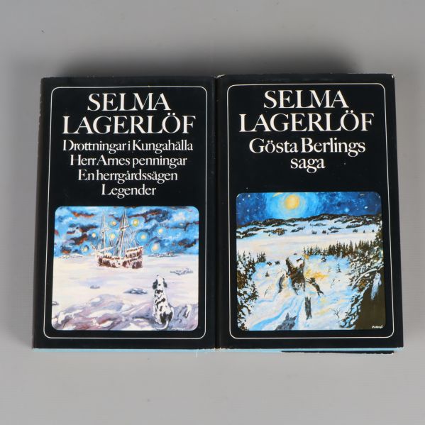 Framsidan på två Selma Lagerlöf-böcker med färgillustrationer
