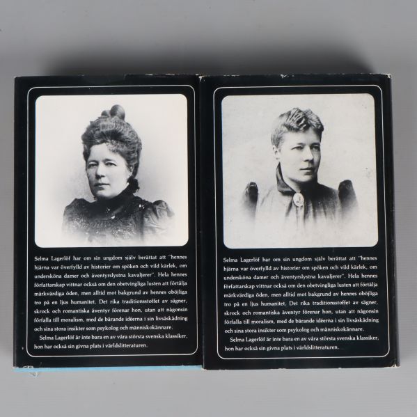 Baksida på båda böcker med porträtt av Selma Lagerlöf