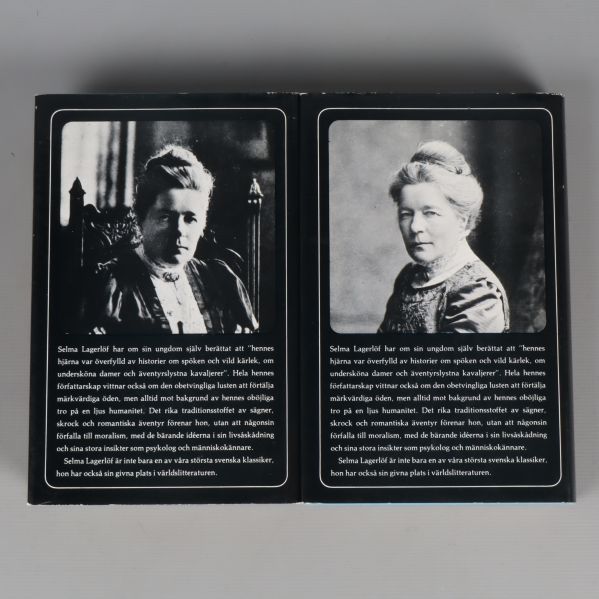Bokpaket av Selma Lagerlöf, baksidor med författarporträtt och beskrivningar
