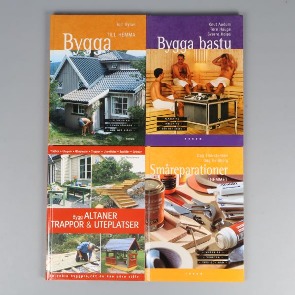 Fyra gör det själv-böcker med färgglada omslag lagda på ett bord