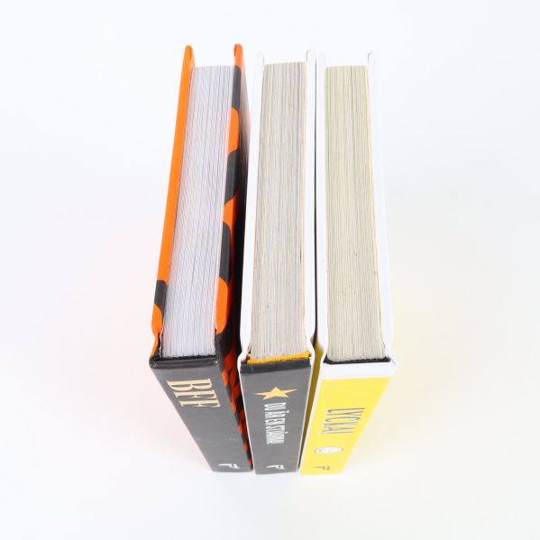 Toppvy av tre böcker med tydliga bokryggar och blad