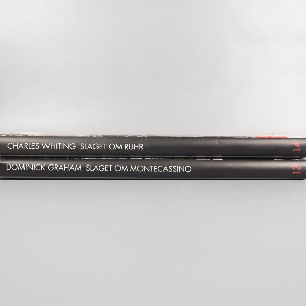 Ryggerna av två böcker med tydliga titlar och författarnamn i vit text