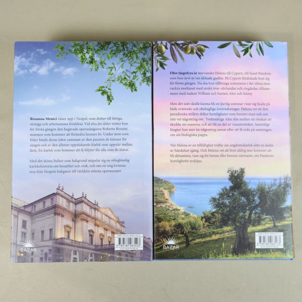 Baksidor på Den Italienska flickan och Olivträdet med beskrivande texter