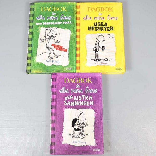 Tre böcker Dagbok för alla mina fans framsidor grönt, gult, lila