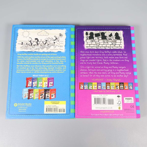 Baksida av båda böckerna Diary of a Wimpy Kid, med beskrivande text och ISBN