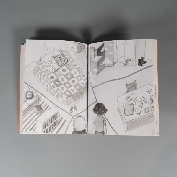 Uppslag med svartvit illustration ur Ivy + Bean-bok