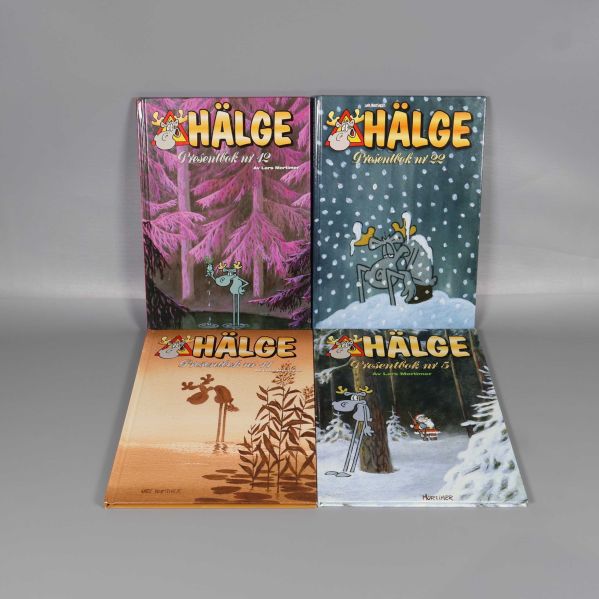 Fyra Hälge presentböcker framifrån med färgglada omslag