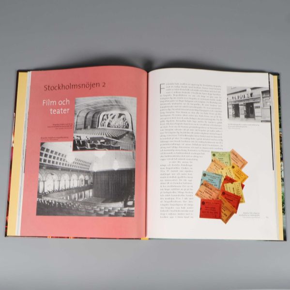 Uppslag med rubriken Stockholmsnöjen, film och teater, bilder och text