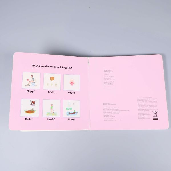 Uppslag med ljudknappar och illustrationer från Bajs och prutt