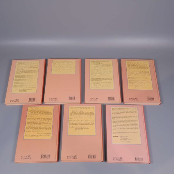 Baksidor på sju Annika Holm-böcker med beskrivningstext och streckkod