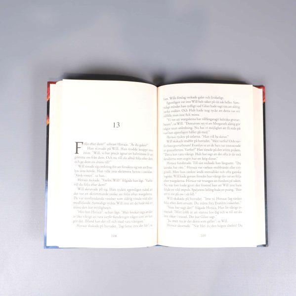 Uppslagen bok Spejarens lärling Det övergivna landet med läsbara sidor och kapitel