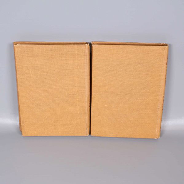 Baksidor av två äldre böcker med gulbrunt tygband