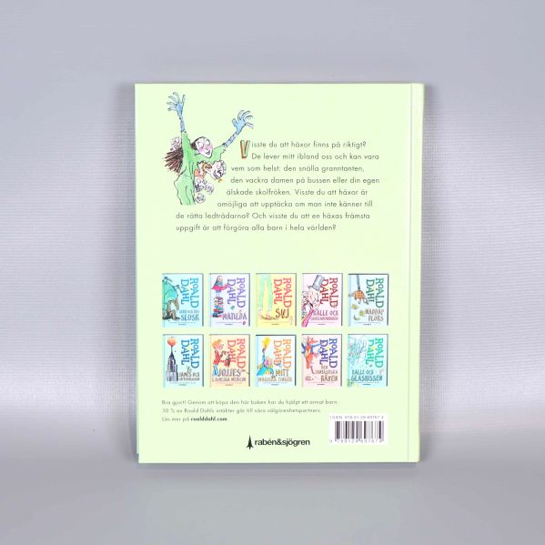 Baksidan av boken Häxorna av Roald Dahl med text och små bokillustrationer