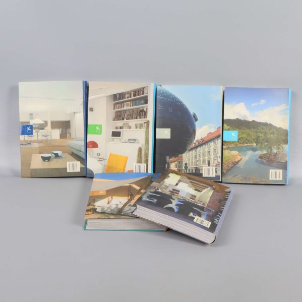 Baksidor av sex böcker med foton på interiörer och miljöer