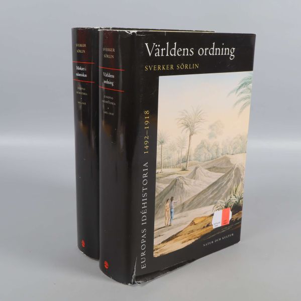 Två böcker med hårda pärmar stående med omslaget framåt och på sidan