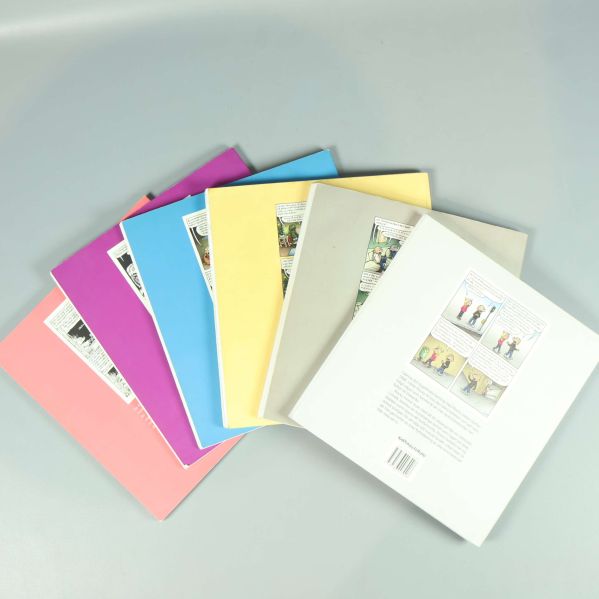 Baksidorna av sex Rocky-serieböcker upplagda i solfjäderform