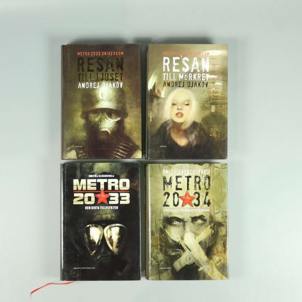 Fyra bokomslag för Metro 2033-serien, inklusive Resan till ljuset och Metro 2034