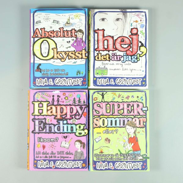 Framsidor på fyra färgglada böcker av Nina E. Grøntvedt