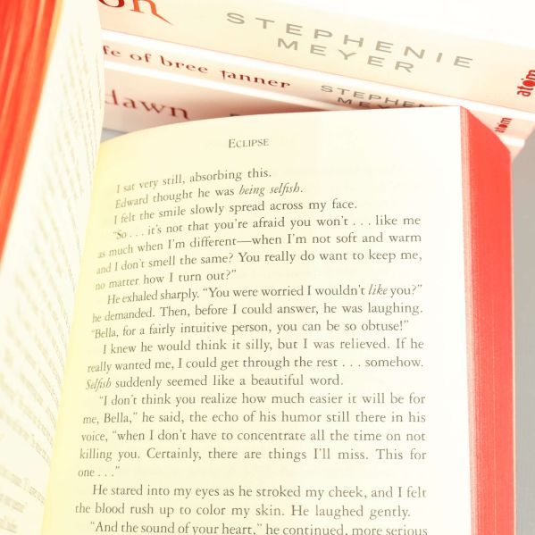 Uppslag med text ur boken Eclipse av Stephenie Meyer