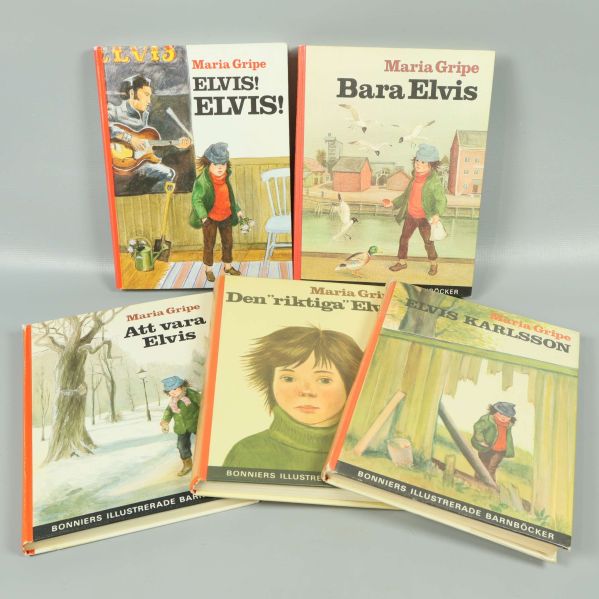Fem inbundna böcker ur Elvis-serien av Maria Gripe, omslagen syns