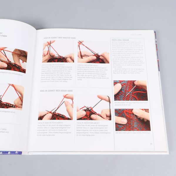 Uppslag med instruktioner och steg för steg-bilder på sticktekniker