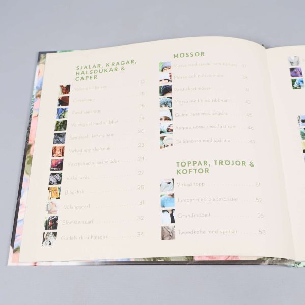 Innehållsförteckning med stickmönster för sjalar och mössor
