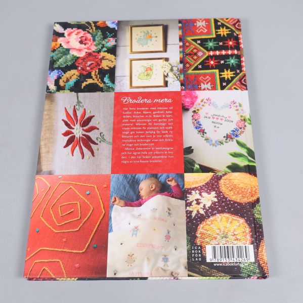 Baksidan av boken Brodera mera med flera broderimönster och kort beskrivning