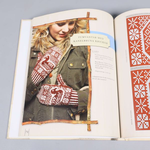 Uppslag med stickade vantar och mönsterdiagram i boken