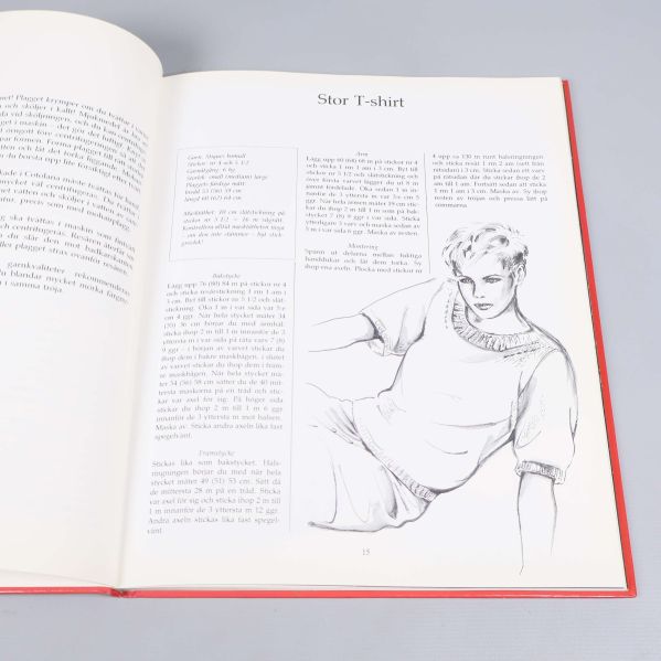 Uppslag med illustration och mönsterbeskrivning för stor t-shirt