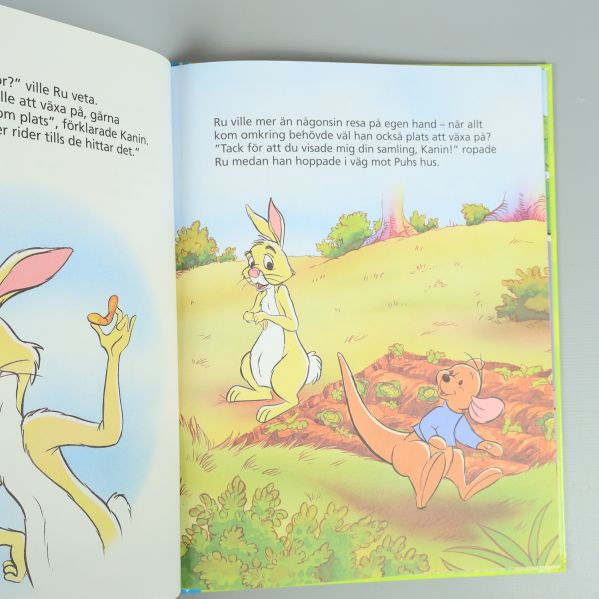 Illustrerat uppslag med kaninen och Ru i Nalle Puh-bok